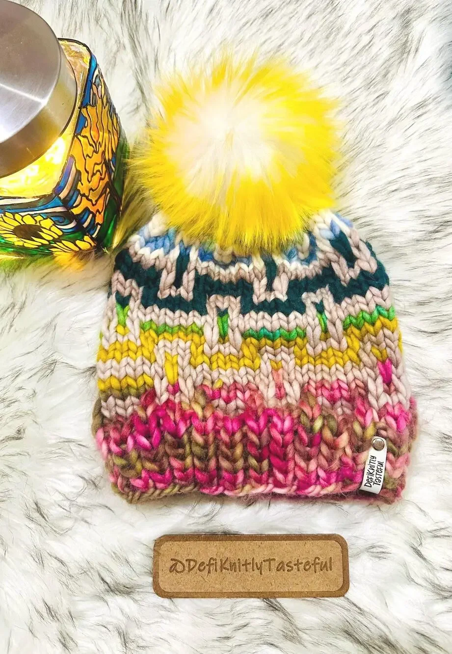 Hand Knit Merino Wool Scrappy Corn Maze Beanie: Faux Fur Pom - Adult Size